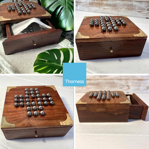 Handmade compact wooden classic solitaire game with stainless steel balls | 13cm x 13cm with storage draw | Travel game