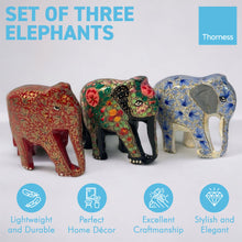 Load image into Gallery viewer, SET OF THREE PAPER MACHE ELEPHANT ORNAMENTS | Animal Decorations | Wildlife Sculptures | Paper Mache Animals | Multi coloured | Home Decor | Elephants represent Good Luck