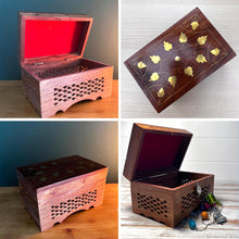 Load image into Gallery viewer, Handcrafted Sheesham Wood Keepsake Trinket Box with Brass Leaf Inlay on Lid & Intricate Jali Openwork Around Sides