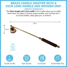 Load image into Gallery viewer, Brass Candle Snuffer 25cm long handle with wooden grip, safe wick extinguisher