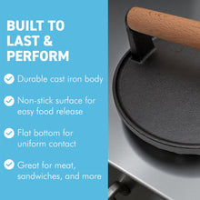 Load image into Gallery viewer, 𝗛𝗘𝗔𝗩𝗬 𝗗𝗨𝗧𝗬 𝗖𝗔𝗦𝗧 𝗜𝗥𝗢𝗡 𝗦𝗧𝗘𝗔𝗞 𝗣𝗥𝗘𝗦𝗦: 17cm (7in) Non-Stick Round Grill Press | Wooden Handle for Burgers, Bacon & Steaks | Flat Top Griddle | BBQ Meat Press
