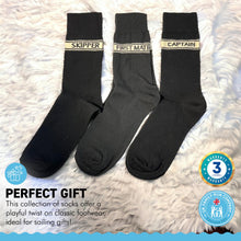 Load image into Gallery viewer, CAPTAIN, FIRST MATE AND SKIPPER SOCKS | 3 x Pairs of Socks | Sailing Gift | Gifts for boat owners | Nautical socks | Cotton rich | Adult Size UK 6-12 EU 39-46