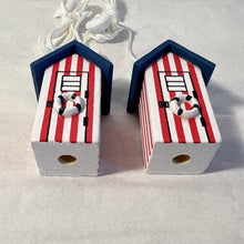 Load image into Gallery viewer, 2 x Red and white beach hut light pull | Nautical Theme Wooden Beach Hut Cord Pull Light Pulls