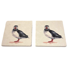 Load image into Gallery viewer, 2 x PROFESSOR PUFFIN STONE COASTERS | Stone Coasters | Animal novelty gift | Coaster for glass, mugs and cups| Square coaster for drinks | Puffin gift | Meg Hawkins art | 10cm x 10cm