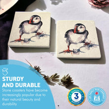 Load image into Gallery viewer, 2 x CURIOUS PUFFIN STONE COASTERS | Stone Coasters | Animal novelty gift | Coaster for glass, mugs and cups| Square coaster for drinks | Puffin gift | Meg Hawkins art | 10cm x 10cm