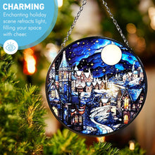 Load image into Gallery viewer, 15cm Diameter Stained Glass Suncatcher, WINTER SCENE DESIGN, festive holiday window decor