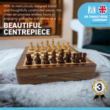 Load image into Gallery viewer, Handcrafted Chess Set 10” X 10” Board with Magnetic Pieces | Felt-Lined Storage Compartment | Classic Staunton Style playing pieces | Travel companion.