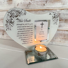 Load image into Gallery viewer, Her Smile: Inspirational Poem & Candle Holder Glass Memorial Plaque - Timeless Tribute and Photo Frame