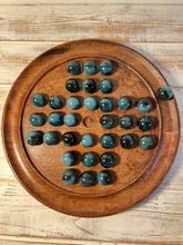 Load image into Gallery viewer, 30cm Diameter DARK WOOD SOLITAIRE BOARD GAME with Midnight Blue Glass Marbles | |classic wooden solitaire game | strategy board game | family board game | games for one | board games