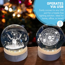 Load image into Gallery viewer, Set of Two 3D Crystal Ball Night Light USB Lamp with Galaxy and Reindeer designs, elegant modern illumination for any room
