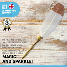 Load image into Gallery viewer, WHITE FEATHER WITH GOLDEN SPARKLES BALL POINT PEN | Sparkly Pen | Golden Pen | Feather Pen | Special Person | Wizards Pen | Guest Book Pen | Wedding Pen