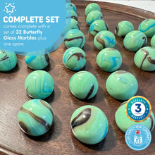 Load image into Gallery viewer, 30cm Diameter WOODEN SOLITAIRE BOARD GAME with BUTTERFLY GLASS MARBLES | classic wooden solitaire game | strategy board game | family board game | games for one | board games