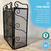 Load image into Gallery viewer, Black Metal foldable 3-panel fireplace surround screen 58cm high with mesh netting | Spark Guard | Fire guard | decorative pattern | Indoor or outdoor use | for open fires, log burners, stoves