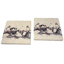 Load image into Gallery viewer, 2 x PUFFIN STONE COASTERS | Stone Coasters | Animal novelty gift | Coaster for glass, mugs and cups| Square coaster for drinks | Puffin gift | Meg Hawkins art | 10cm x 10cm
