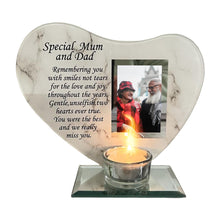 Load image into Gallery viewer, SPECIAL MUM and DAD GLASS MEMORIAL CANDLE HOLDER AND PHOTO FRAME | thinking of you gifts | memorial photo frame  | in loving memory | memory plaque

