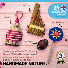 Load image into Gallery viewer, ROUND THE WORLD 4 PIECE MUSICAL INSTRUMENT GIFT BOX | A selection of Fair Trade percussion and wind instruments celebrating music from around the world | musical delights and global sounds from around the world.