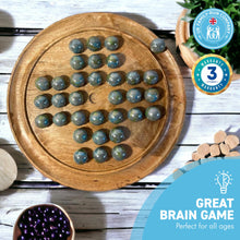 Load image into Gallery viewer, 30cm Diameter MANGO WOOD SOLITAIRE BOARD GAME with THUNDERBOLT GLASS MARBLES | |classic wooden solitaire game | strategy board game | family board game | games for one | board games