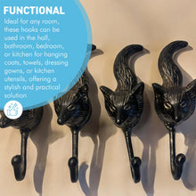 Load image into Gallery viewer, Set of Four Sturdy Wall Mounted Cast Iron Fox Head Hook Hanger for Hat, Coat, Clothes - Ideal for Kitchen, Bathroom, Bedroom, Office
