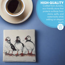 Load image into Gallery viewer, Puffin Stone Coaster with watercolour illustration, Decorative Wildlife Coaster, British artist, Meg Hawkins