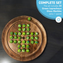 Load image into Gallery viewer, 22cm Diameter wooden SOLITAIRE BOARD GAME with GREEN LEPRECHAUN GLASS MARBLES | classic wooden solitaire game | strategy board game | family board game | games for one | board games