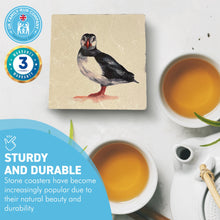 Load image into Gallery viewer, PROFESSOR PUFFIN STONE COASTER | Stone Coasters | Animal novelty gift | Coaster for glass, mugs and cups| Square coaster for drinks | Puffin gift | Meg Hawkins art | 10cm x 10cm