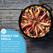 Load image into Gallery viewer, Cast Iron 14” diameter Paella Pan | Large skillet Frying Pan | Prospector style pan | 35cm diameter | Non-stick induction paella pan | Paella Pan for BBQ | Indoor or Outdoor use