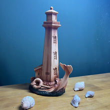 Load image into Gallery viewer, Handcrafted Wood-Effect Lighthouse: 22cm Height, Intricate Carving, Adorned with Whale Tail Design
