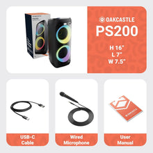Load image into Gallery viewer, Portable Bluetooth Party Speaker | 80W Power & Rechargeable Battery up to 5H | Big Bluetooth Speaker 2.0 with Wired Microphone | Karaoke Mode, Party LED Lights & EQ Control | Oakcastle PS200