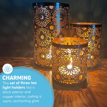 Load image into Gallery viewer, Set of 3 Moroccan-Style Round Tea Light Holders, Arabic Design, Black & Gold Metal Finish - Perfect for Home Decor