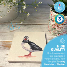 Load image into Gallery viewer, PROFESSOR PUFFIN STONE COASTER | Stone Coasters | Animal novelty gift | Coaster for glass, mugs and cups| Square coaster for drinks | Puffin gift | Meg Hawkins art | 10cm x 10cm