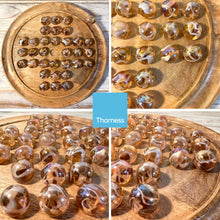 Load image into Gallery viewer, 30cm Diameter MANGO WOOD SOLITAIRE BOARD GAME with PINKY GLASS MARBLES | |classic wooden solitaire game | strategy board game | family board game | games for one | board games
