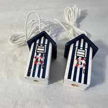 Load image into Gallery viewer, Pair of Dark Blue beach hut light pulls | Nautical Theme Wooden Beach Hut Cord Pull Light Pulls