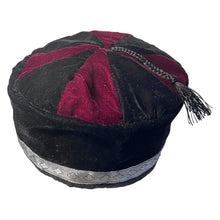 Load image into Gallery viewer, Size 56cm, small, Handmade Nepalese Burgundy Red and Black velvet Smoking Cap with traditional Tibetan design, lightweight, stylish design