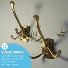 Load image into Gallery viewer, Set of Two Polished Brass 𝟯-𝗣𝗥𝗢𝗡𝗚 𝗦𝗪𝗜𝗩𝗘𝗟 𝗖𝗢𝗔𝗧 𝗛𝗢𝗢𝗞𝗦, Folding Wall Mount Hanger with Screws Included