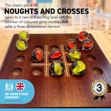 Load image into Gallery viewer, Noughts and Crosses marble game with wooden board | Tic Tac Toe strategy solitaire marble game | includes 10 glass marbles and wooden board | 14cm x 14cm | Strategic and Engaging Twist on a Classic game