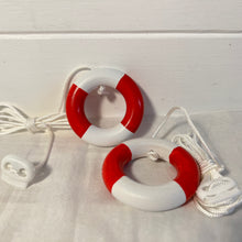 Load image into Gallery viewer, Set of two Red and white life ring light Pulls | Lifebuoy light pulls| Nautical Theme Wooden Cord Pull Light Pulls