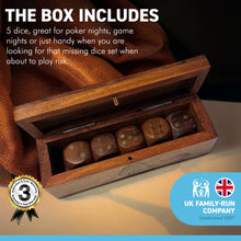 Load image into Gallery viewer, WOODEN HAND-CRAFTED DICE STORAGE BOX | Includes 5 wooden Dice | Brass inlaid embellishments | Dice Game | | Sustainable Shesham wooden hand carved box | 12.5cm (l) x 4.5cm (h) x 4cm (w)
