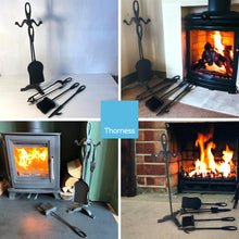 Load image into Gallery viewer, Metal matt black turn-handled 5-piece fireside companion set | Fire companion sets | includes stand, brush, tongs, poker, and shovel | 47cm high | wood burner set | Fireside tools accessories | Fire set