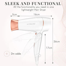 Load image into Gallery viewer, Travel Hairdryer for Women Lightweight UK 1800 Watts - Folding Portable Travel Hair Dryer for Women - Rose Gold Small Compact Blow Dryer Lightweight with Adjustable Speed &amp; Cool Shot by Lily England
