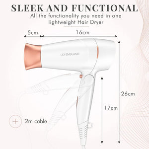 Travel Hairdryer for Women Lightweight UK 1800 Watts - Folding Portable Travel Hair Dryer for Women - Rose Gold Small Compact Blow Dryer Lightweight with Adjustable Speed & Cool Shot by Lily England