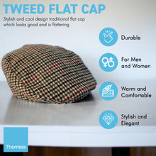 Load image into Gallery viewer, Unisex 58cm M/L TWEED Flat Cap |Mixed Wool Polyester Green Tweed Country Cap | Tweed Hat | Peaked Cap | Black Quilted Lining