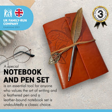 Load image into Gallery viewer, FEATHERED BALL POINT PEN AND LEATHER BOUND NOTEBOOK | Writing Set | Leather Bound Notebook | Feather Pen | Creative Writing | Pen and Notebook Set