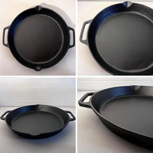 Load image into Gallery viewer, Cast Iron 14” diameter Paella Pan | Large skillet Frying Pan | Prospector style pan | 35cm diameter | Non-stick induction paella pan | Paella Pan for BBQ | Indoor or Outdoor use