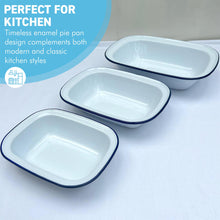 Load image into Gallery viewer, Set of three traditional White Enamel Pie Dishes 32cm, 22cm and 26cm, Traditional Bakeware
