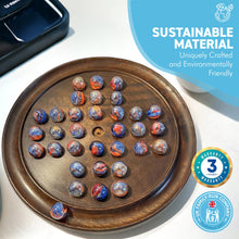 Load image into Gallery viewer, 30cm Diameter WOODEN SOLITAIRE BOARD GAME with FUNFAIR GLASS MARBLES | classic wooden solitaire game | strategy board game | family board game | games for one | board games