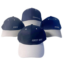 Load image into Gallery viewer, Set of 4 Adjustable Navy-Blue Baseball Caps, Commodore, Engineer, First Mate and Crew, Nautical Boating Hats for Sailing, Yachting & Team Uniform