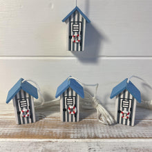 Load image into Gallery viewer, 4 x Light Blue and white beach hut light pulls | Nautical Theme Wooden Beach Hut Cord Pull Light Pulls