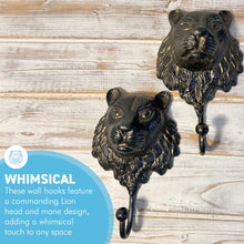 Load image into Gallery viewer, Set of Two Sturdy Wall-Mounted Cast Iron Lion Head Hook Hanger for Hats, Coats, Clothes - Perfect for Kitchen, Bathroom, Bedroom, Office