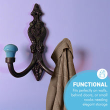 Load image into Gallery viewer, Set of 4 𝗙𝗥𝗘𝗡𝗖𝗛 𝗦𝗧𝗬𝗟𝗘 𝗖𝗔𝗦𝗧 𝗜𝗥𝗢𝗡 𝗗𝗢𝗨𝗕𝗟𝗘 𝗛𝗢𝗢𝗞𝗦 – Duck Egg Blue Ceramic Tops, Wall Coat Hooks for Hallway, Cloakroom, Bedroom