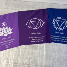 Load image into Gallery viewer, 7 Chakra bunting flags On A String With Affirmation 19 x 25 centimetres and are strung together on a 155-centimeter-long string